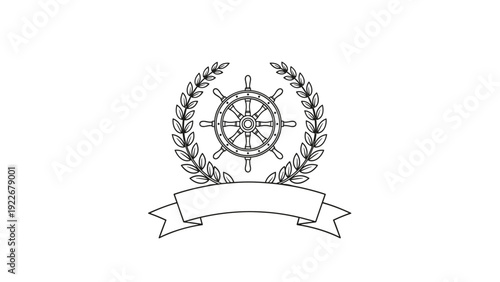 Nautical emblem featuring a ship's steering wheel enclosed in a laurel wreath with a decorative blank ribbon for titles.