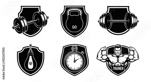 Fitness and Gym Emblems Set: Monochrome Workout Gear and Bodybuilder Trainer Badges in Vintage Black  White Line Art Style