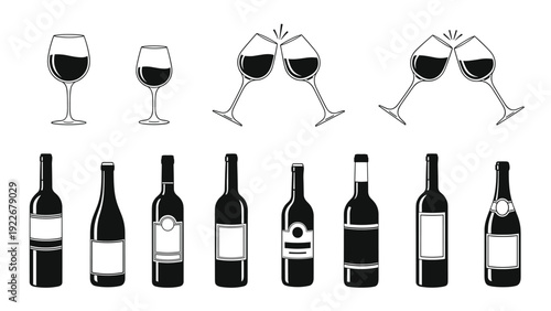 Silhouettes of different wine bottles and glasses showing various pours and celebratory toasts for beverage menu designs.