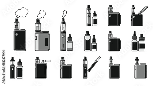 Collection of various electronic cigarette models and e-liquid bottles for modern vaping and smoking alternative themes.