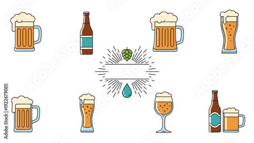 Detailed set of beer themed icons including various glasses and bottles with decorative hop elements for brewery logos.