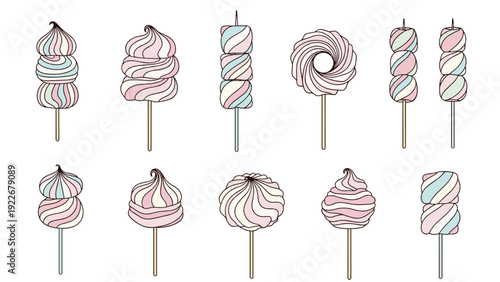 Selection of colorful pastel marshmallows and swirl meringues on sticks for confectionery and dessert party themes.