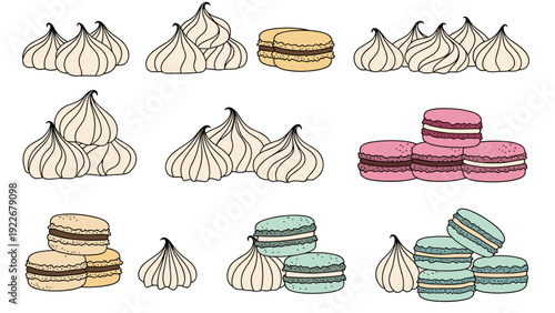 Colorful collection of meringue swirls and macaron cookies for elegant pastry shop and dessert menu illustrations.