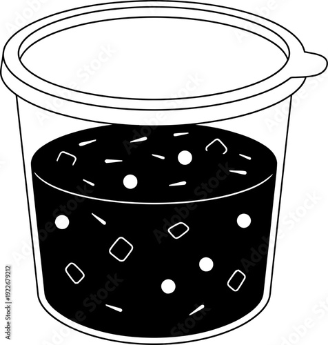 Transparent plastic cup with lid containing chunky dark sauce. Food packaging concept. Vector icon for menu, label