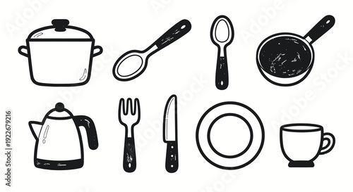 Kitchen Utensils Black and White Line Art Icons Set. Hand-Drawn Cookware and Tableware Doodles for Cooking, Food Preparation, and Dining Industry.