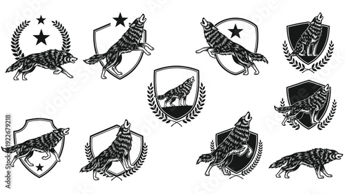 Powerful wolf emblems featuring howling and running wolves on shields with laurel wreaths and stars for mascots.