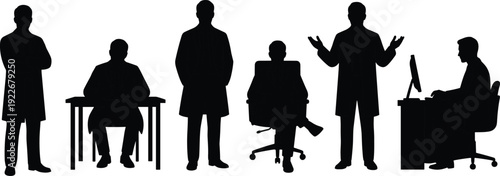 Businessman silhouette collection showing office professionals working, presenting and managing tasks, corporate occupation illustration set for business leadership and workplace concepts