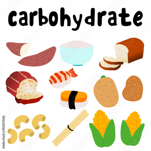 High-carb foods isolated on a white background. Carbohydrate foods. Carbohydrate diet. Potatoes, bread, cookies, bananas, pasta. Vector illustration.