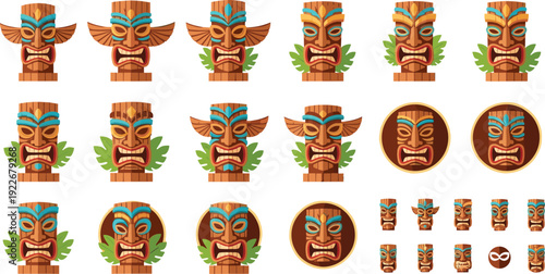 Tiki mask totem collection with tribal wooden faces Polynesian Hawaiian style decorative symbols for summer party luau vector illustration set.