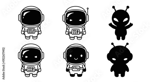 Cute Black  White Line Art Cartoon Astronauts and Aliens Icons Set for Space Exploration, Sci-Fi, and Kids' Education Designs