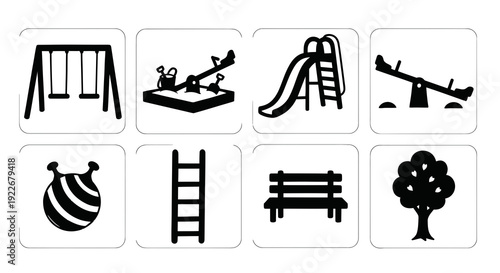 Playground Icons Set. Black and White Glyph Symbols of Swings, Slide, Sandbox, Seesaw, Bench, Ladder, Bouncing Toy, and Tree for Children's Outdoor Fun