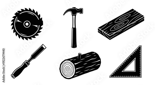 Woodworking and Carpentry Industry Black and White Glyphs: Essential Tools (Saw, Hammer, Chisel, Ruler) and Materials (Log, Plank) Vector Icons