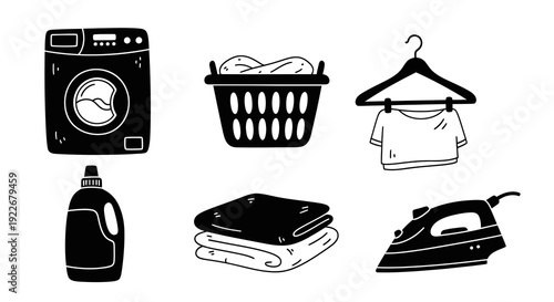 Black and White Line Art Laundry Icons Set. Hand-drawn Doodle Glyph Collection for Household Chores: Washing Machine, Basket, Detergent, Iron, Hanger, Folded Clothes.