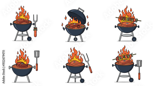 Circular charcoal grills with steaks and skewers over open flames are shown in a set of colorful icons for outdoor cooking themes.