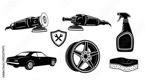Automotive Car Detailing Vector Glyph Set: Classic Car, Polishing Machines, Alloy Wheel, Cleaning Spray, Sponge, and Service Emblem in Black  White Line Art.
