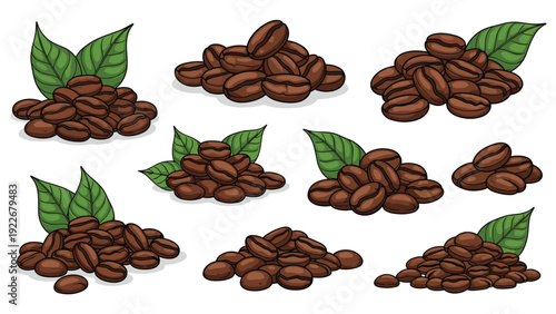 Different piles and clusters of roasted coffee beans accompanied by green leaves are illustrated for cafe and beverage branding.