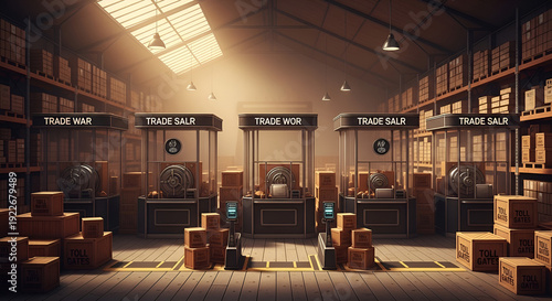 Trade restrictions display barriers obstructing exports inside warehouse depicting trade war implications tariffs barriers customs packages boxes