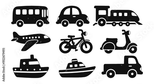 Transportation Hand-drawn Doodle Icons Set. Black and White Sketch of Vehicles like Bus, Car, Train, Plane, Bike, Scooter, Boat, Truck for Travel and Logistics.