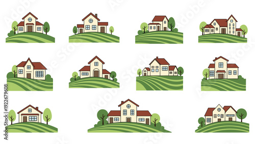 Beautiful landscapes featuring different styles of houses on green rolling hills are shown in a set of colorful idyllic illustrations.