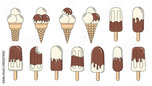 Assorted ice cream cones and popsicles with chocolate coatings and vanilla flavors are presented in simple colorful icons.