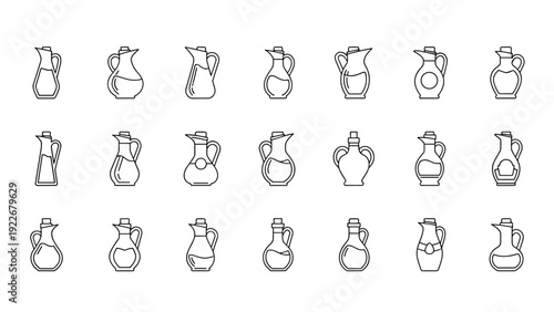 Collection of thin line outlines for various oil or vinegar bottle shapes shows a diversity of containers for kitchen use.