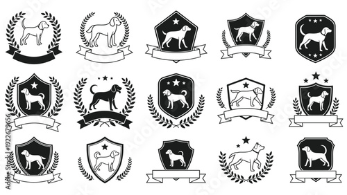 Dog breed emblems featuring canine silhouettes within heraldic shields, laurel wreaths, and banners are presented in black and white.