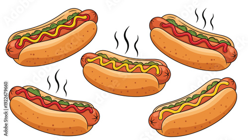 Detailed colorful illustrations of hot dogs with mustard and ketchup on soft buns are shown with steam rising from them.