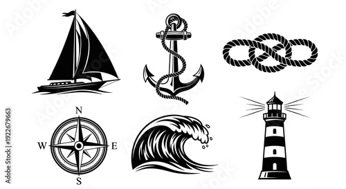 Nautical Marine Symbols Set. Black and White Vector Silhouette Illustrations for Sea Travel, Sailing, and Coastal Adventure Themes.