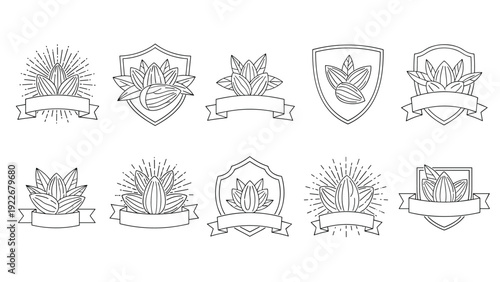 Almond nut emblems with decorative shields, sun rays, and ribbon banners are presented as black and white line art icons.