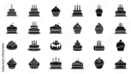 Solid black silhouettes of various cakes, cupcakes, and dessert slices are arranged in a grid for menu and logo design.