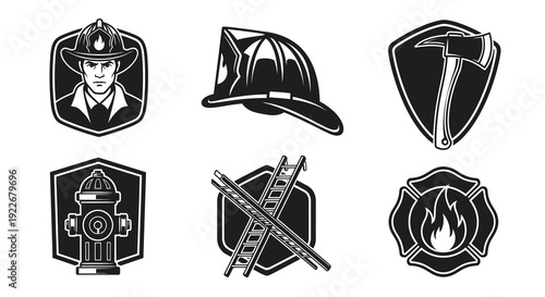 Firefighting Glyphs Vector Set. Black and White Fire Department Icons  Emblems: Fireman, Helmet, Axe, Hydrant, Ladders, Maltese Cross. Public Safety Symbols.