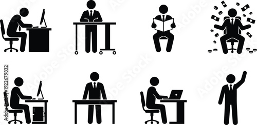 Business Professional Silhouette Set Illustrating Office Work, Corporate Management, Financial Success, Leadership Activities and Entrepreneur Career Concept Icons Collection