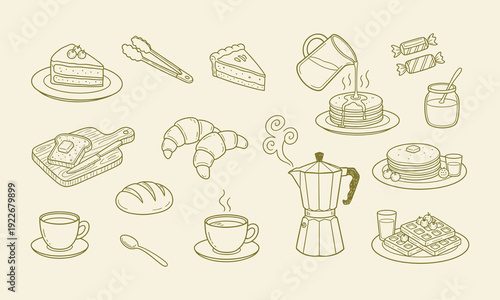 Italian food set in hand drawn whimsical style. Crayon drawing for menus and invitations. La dolce vita outline vector illustration