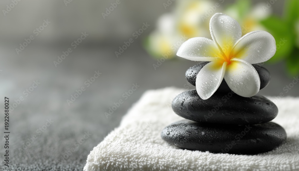 Fototapeta premium Frangipani Flower Adorned Zen Stones Resting On A White Towel - A Serene And Tranquil Image Of Relaxation And Calmness.