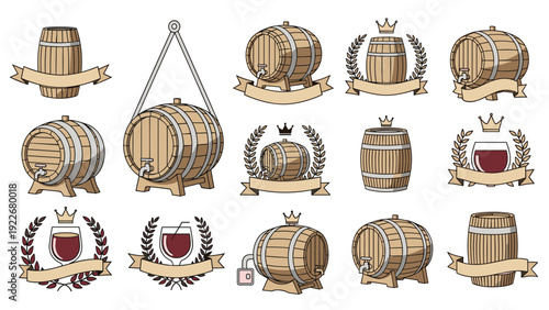 Collection of wooden barrel and wine glass emblems with decorative ribbons and wreaths for brewery and winery branding.