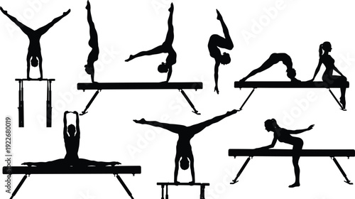Gymnastics silhouettes set with athletes performing balance beam and pommel horse routines, black vector illustration isolated on white