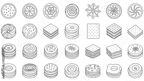 Extensive collection of line art illustrations featuring different types of cookies and crackers for bakery and snack branding.