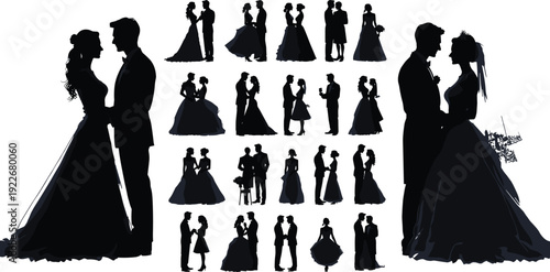 Romantic wedding couple silhouettes collection with elegant bride and groom poses, black vector illustration isolated on white background