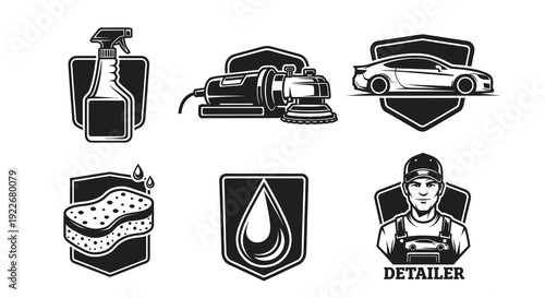 Car Detailing Service Black and White Glyph Icons Set. Automotive Care Monochrome Emblems with Sprayer, Polisher, Car, Sponge, Water Drop, and Professional Detailer.