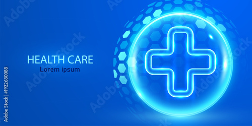 Futuristic neon medical cross in a glowing sphere on a blue background, perfect for health care concepts.