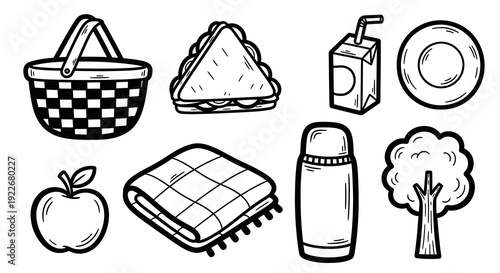 Picnic Food and Outdoor Essentials Black and White Line Art Icons Set. Hand-Drawn Elements Including Basket, Sandwich, Drinks, Apple, Blanket, and Tree.