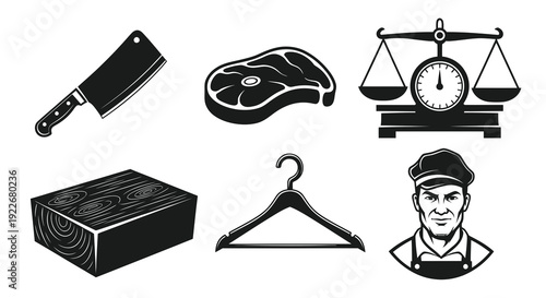 Butchery and Retail Monochrome Vector Icons Set. Graphic Elements with Meat, Butcher Cleaver, Weighing Scale, Chopping Block, Hanger, and Male Character.