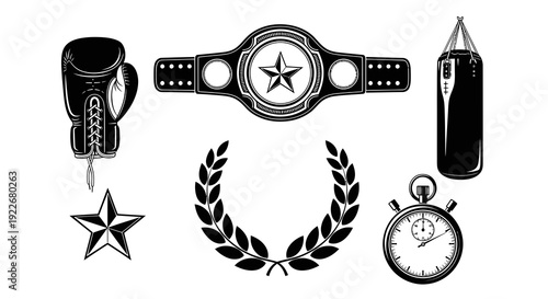 Boxing Sports Monochrome Line Art Icons Set. Illustration of Fight Game Elements: Boxing Glove, Championship Belt, Punching Bag, Stopwatch, Star, Laurel Wreath.