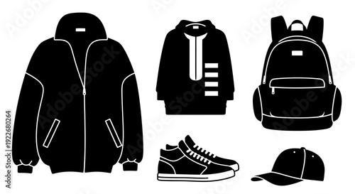 Fashion Lifestyle Apparel and Accessories Flat Glyphs: Black  White Silhouette Icons of Casual Jacket, Hoodie, Backpack, Sneakers, and Cap.