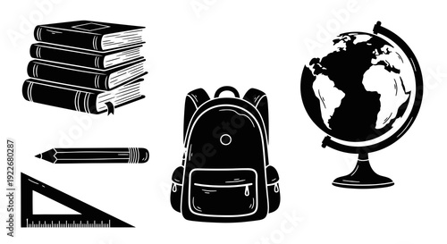 Education and School Supplies Black and White Line Art Glyph Icons Set including Books, Backpack, Globe, Pencil, and Ruler