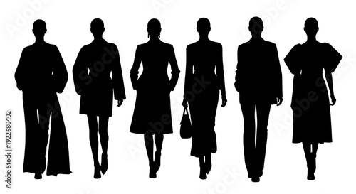 Fashion and Apparel Industry: Diverse Women's Clothing Silhouettes Vector Collection. Elegant Black Female Models in Stylish Outfits, Dresses, Suits, and Coats.