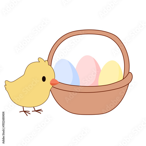 Cute Chick and Egg Icon. Lovely Easter Holiday Mascot. Cartoon Chicken Character Isolated on Background. Funny Childish Drawn Bird Portrait for Ester Egg Hunt Family Party Greeting Card Decoration Art