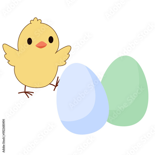 Cute Chick and Egg Icon. Lovely Easter Holiday Mascot. Cartoon Chicken Character Isolated on Background. Funny Childish Drawn Bird Portrait for Ester Egg Hunt Family Party Greeting Card Decoration Art