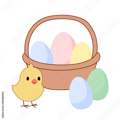 Cute Chick and Egg Icon. Lovely Easter Holiday Mascot. Cartoon Chicken Character Isolated on Background. Funny Childish Drawn Bird Portrait for Ester Egg Hunt Family Party Greeting Card Decoration Art