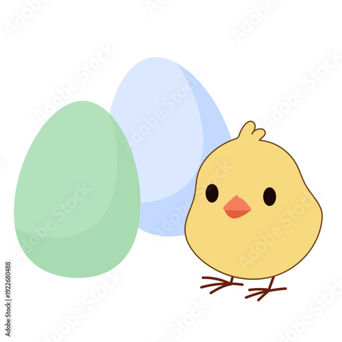 Cute Chick and Egg Icon. Lovely Easter Holiday Mascot. Cartoon Chicken Character Isolated on Background. Funny Childish Drawn Bird Portrait for Ester Egg Hunt Family Party Greeting Card Decoration Art